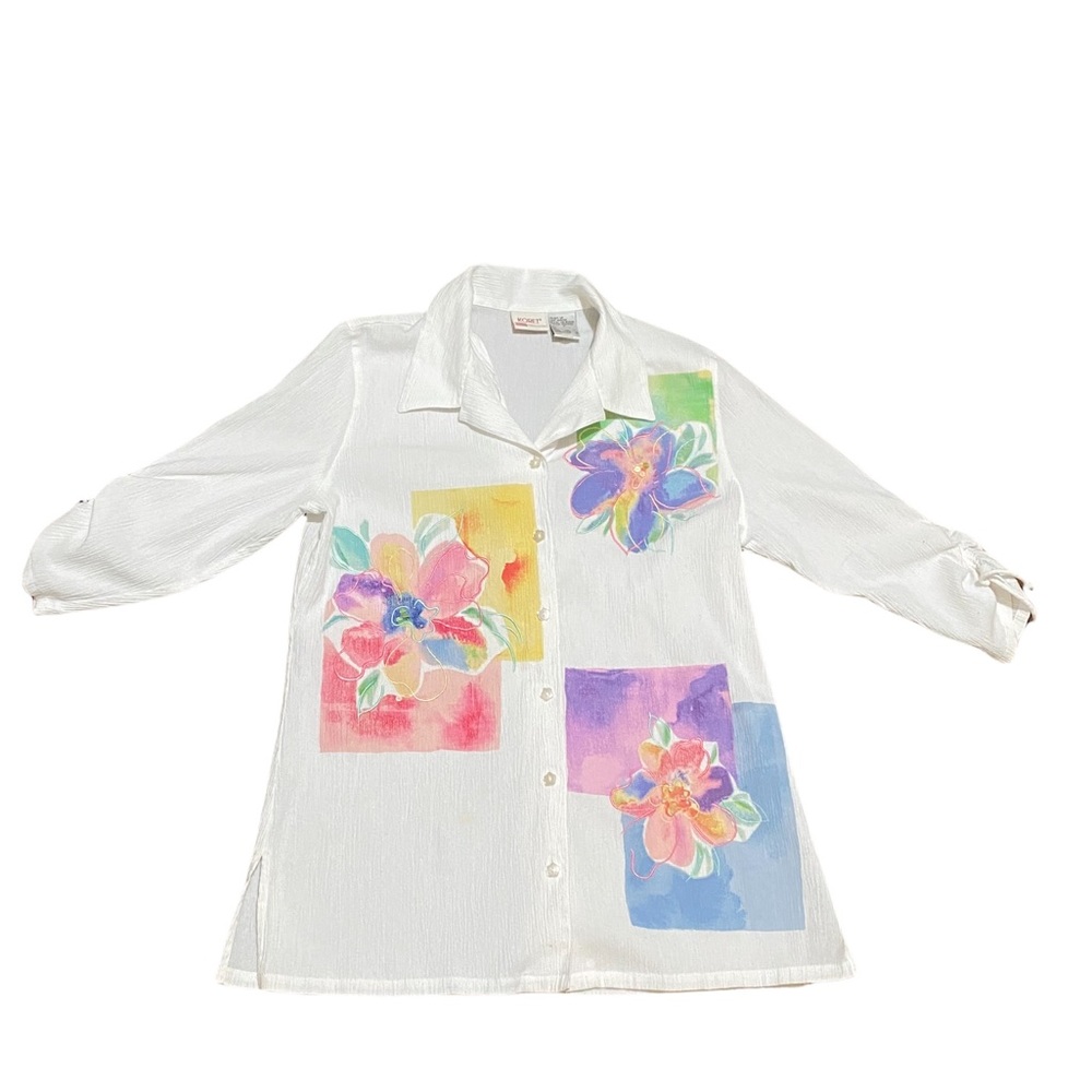 Koret White Multi Color Floral Button Up Blouse with Embroidery Designs